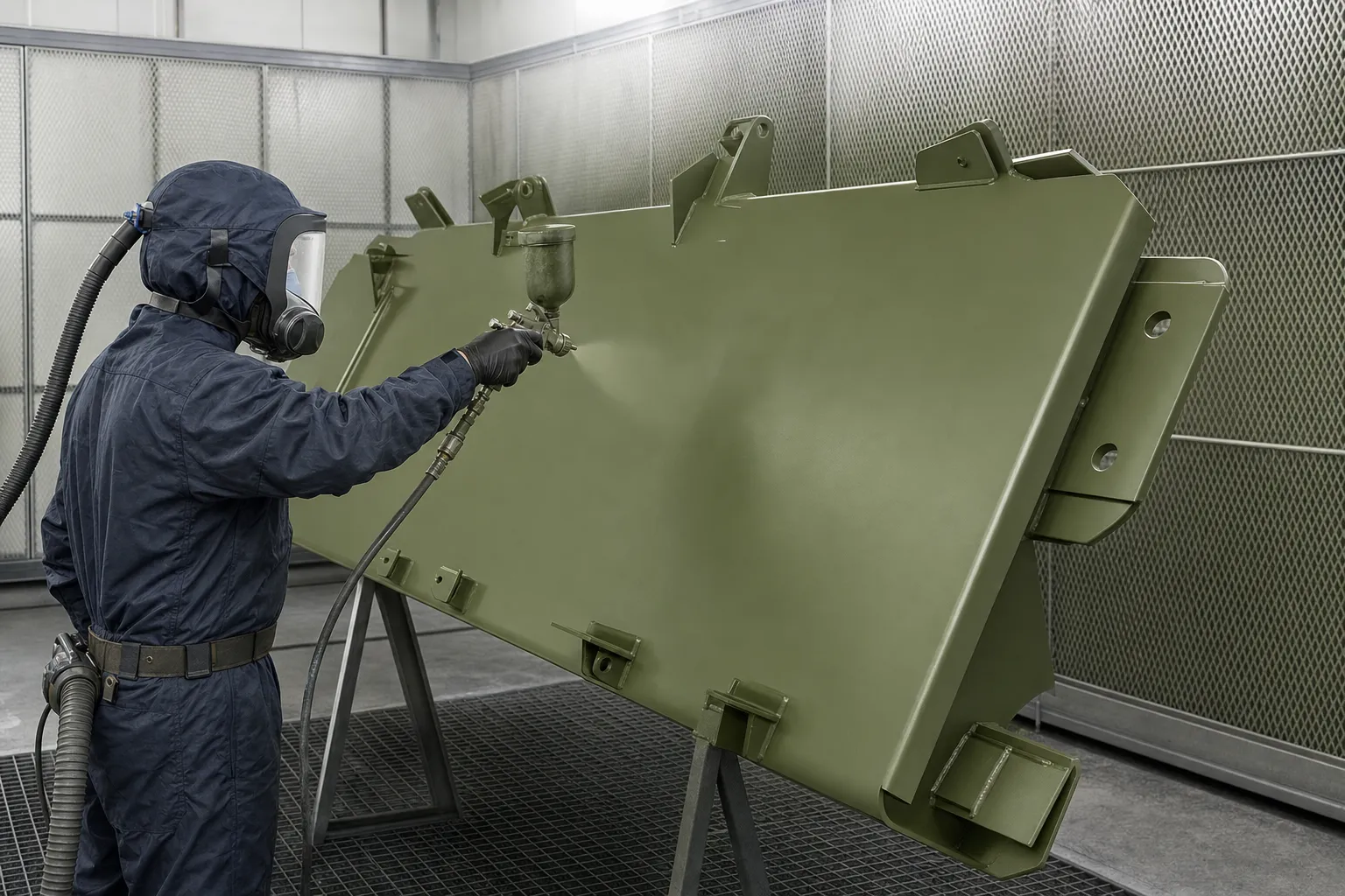 Painter in a respirator spraying an olive drab panel in a spray booth