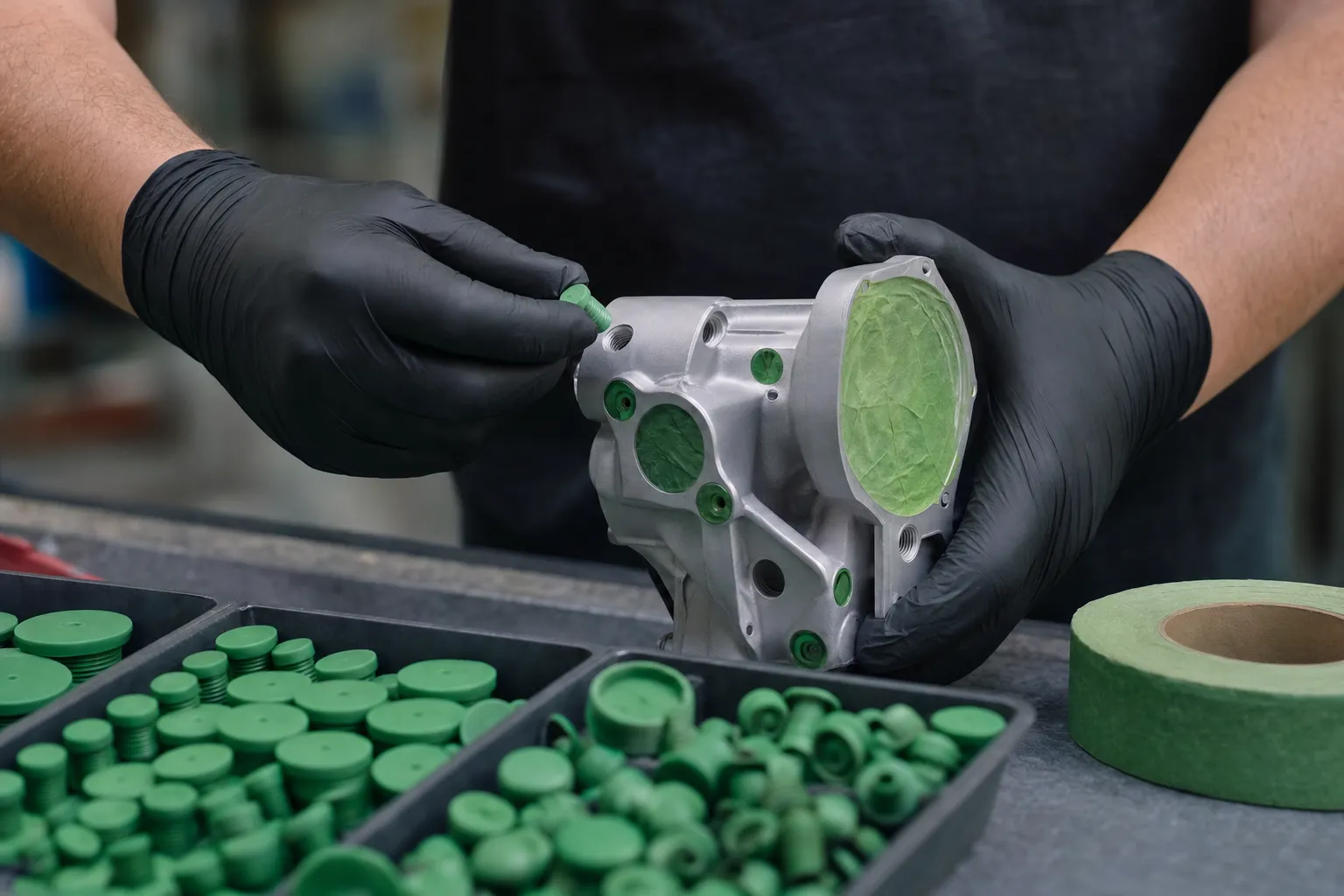 Silicone plugs and masking tape applied to a machined part