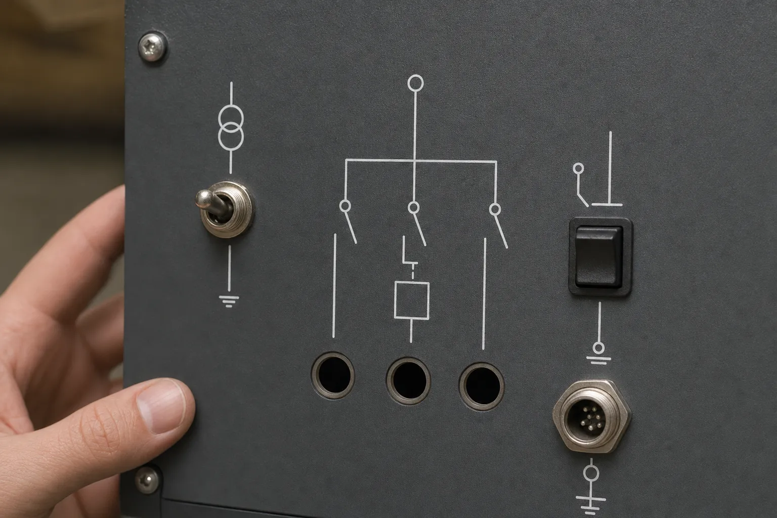 Screen printed white markings on a dark coated control panel